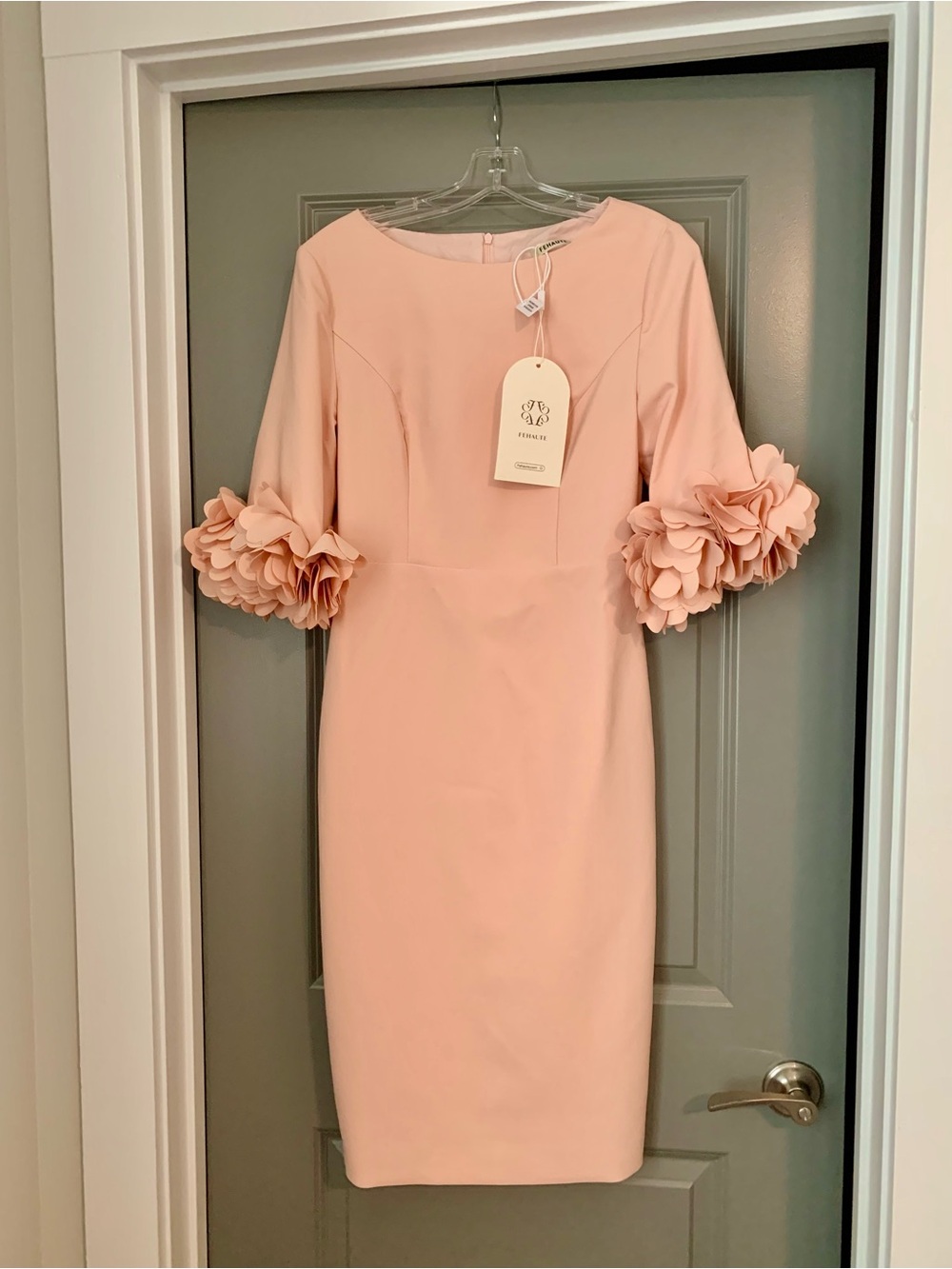 Boutique Soft Pink Midi Sheath Dress with Floral Ruffle Sleeves